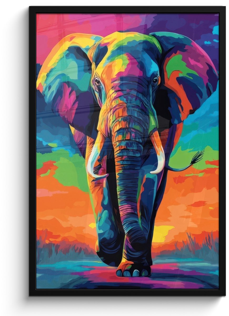FrameYourWall Poster in lijst - Fotolijst 60x90 cm - Posters - Olifant - Kleurrijk - Lucht - Abstract - Posterlijst zwart - Decoratie - Wanddecoratie woonkamer - Muurdecoratie slaapkamer