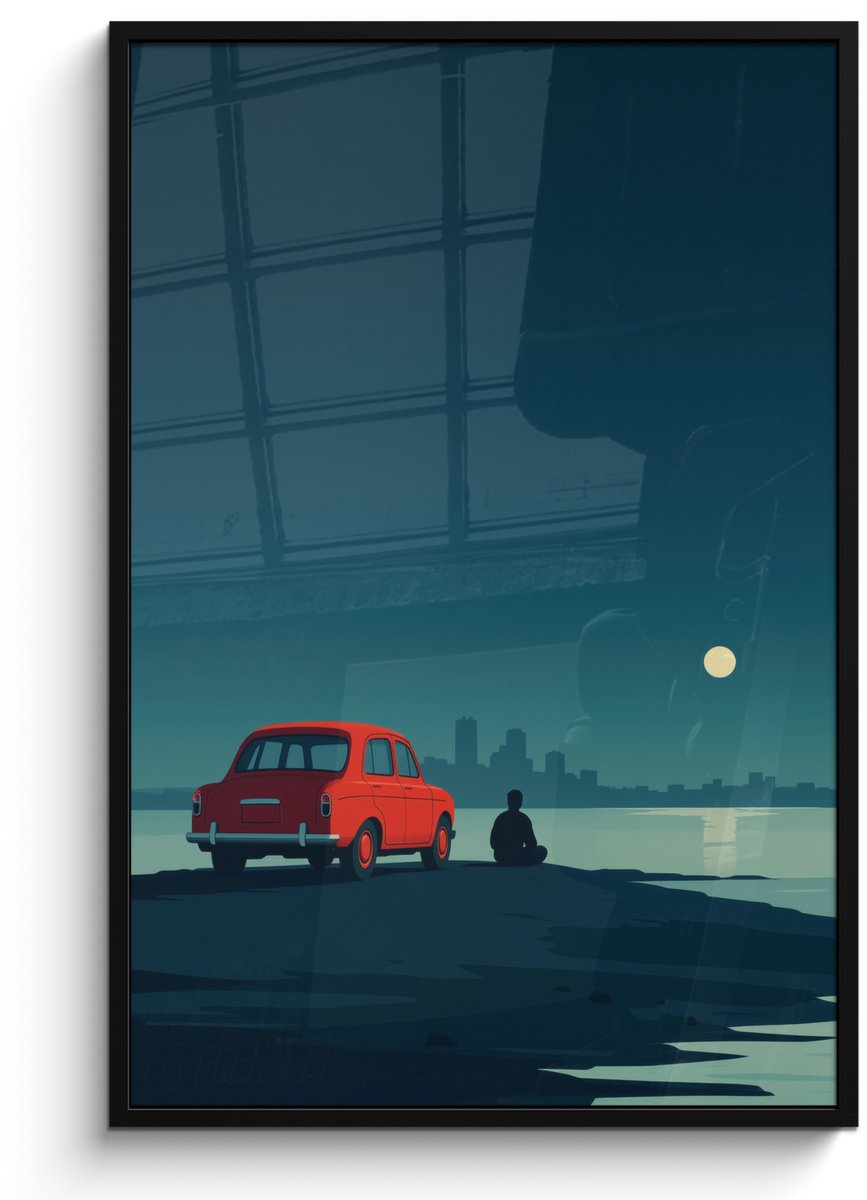 FrameYourWall Poster in lijst - Fotolijst 80x120 cm - Posters - Auto - Volle maan - Uitkijkend over water - Posterlijst zwart - Decoratie - Wanddecoratie woonkamer - Muurdecoratie slaapkamer Water - Maan
