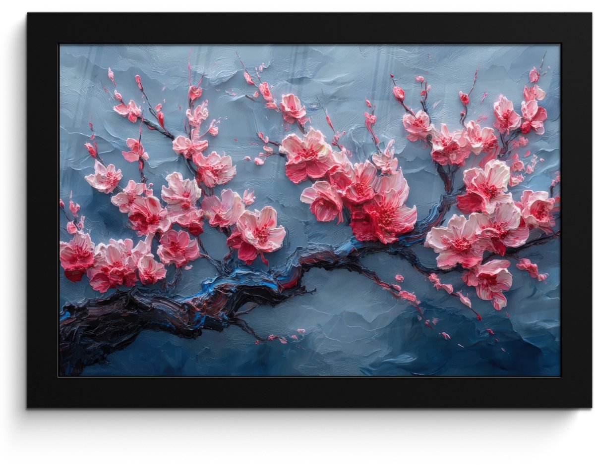 FrameYourWall Poster in lijst - Fotolijst 30x20 cm - Posters - Bloesem - Bloem - Roze - Tak - Posterlijst zwart - Decoratie - Wanddecoratie woonkamer - Muurdecoratie slaapkamer Bloesem - Tak