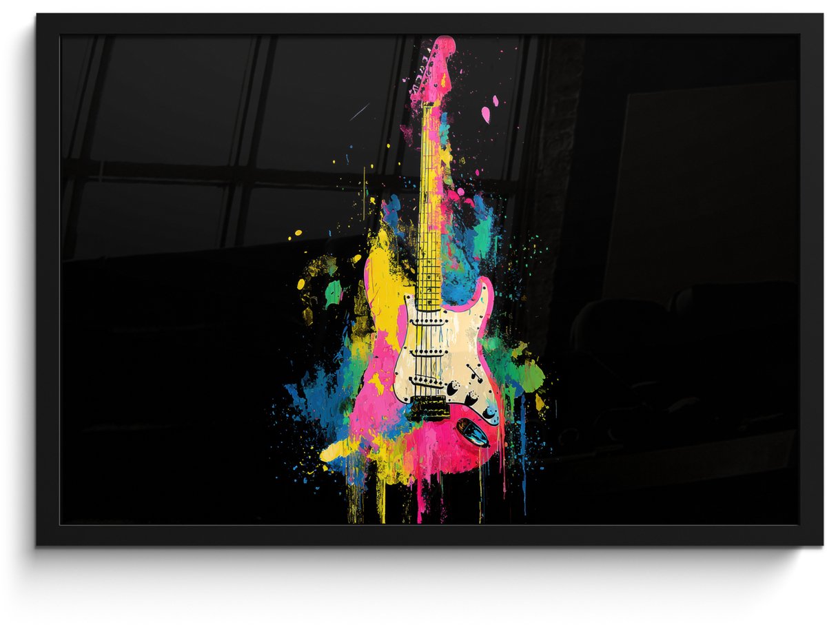 FrameYourWall Poster in lijst - Fotolijst 60x40 cm - Posters - Gitaar - Kleurrijk - Verf - Posterlijst zwart - Decoratie - Wanddecoratie woonkamer - Muurdecoratie slaapkamer