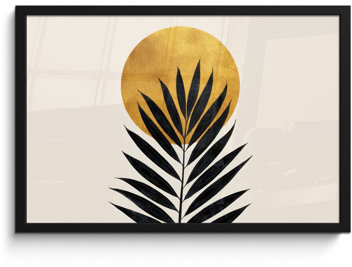 FrameYourWall Poster in lijst - Fotolijst 60x40 cm - Posters - Zwart palmblad - Gouden cirkel - Beige achtergrond - Posterlijst zwart - Decoratie - Wanddecoratie woonkamer - Muurdecoratie slaapkamer Palmblad - Cirkel