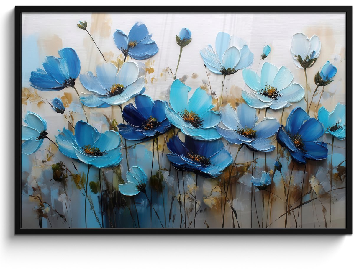 FrameYourWall Poster in lijst - Fotolijst 120x80 cm - Posters - Bloemen - Schilderij - Blauw - Posterlijst zwart - Decoratie - Wanddecoratie woonkamer - Muurdecoratie slaapkamer