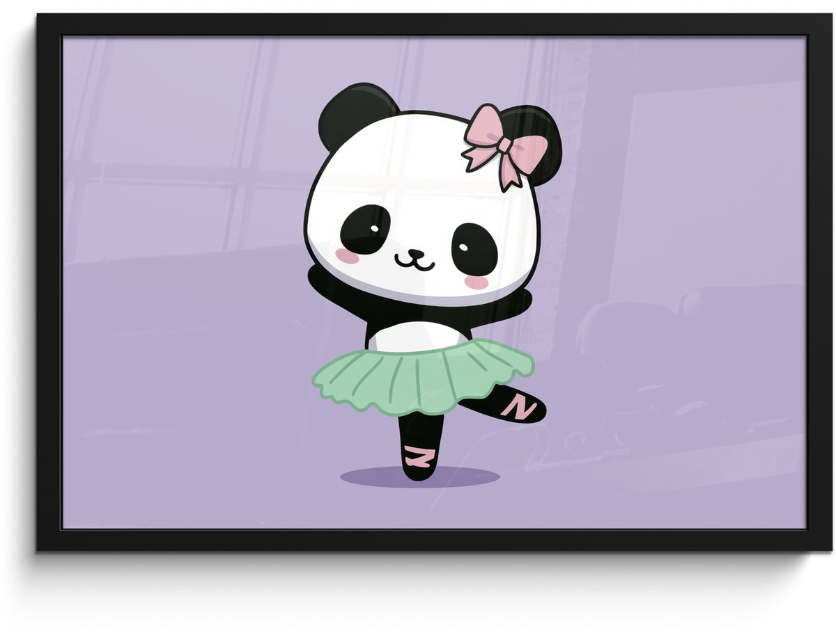 FrameYourWall Poster in lijst - Fotolijst 60x40 cm - Posters - Panda - Paars - Sierlijk - Kawaii - Posterlijst zwart - Decoratie - Wanddecoratie woonkamer - Muurdecoratie slaapkamer