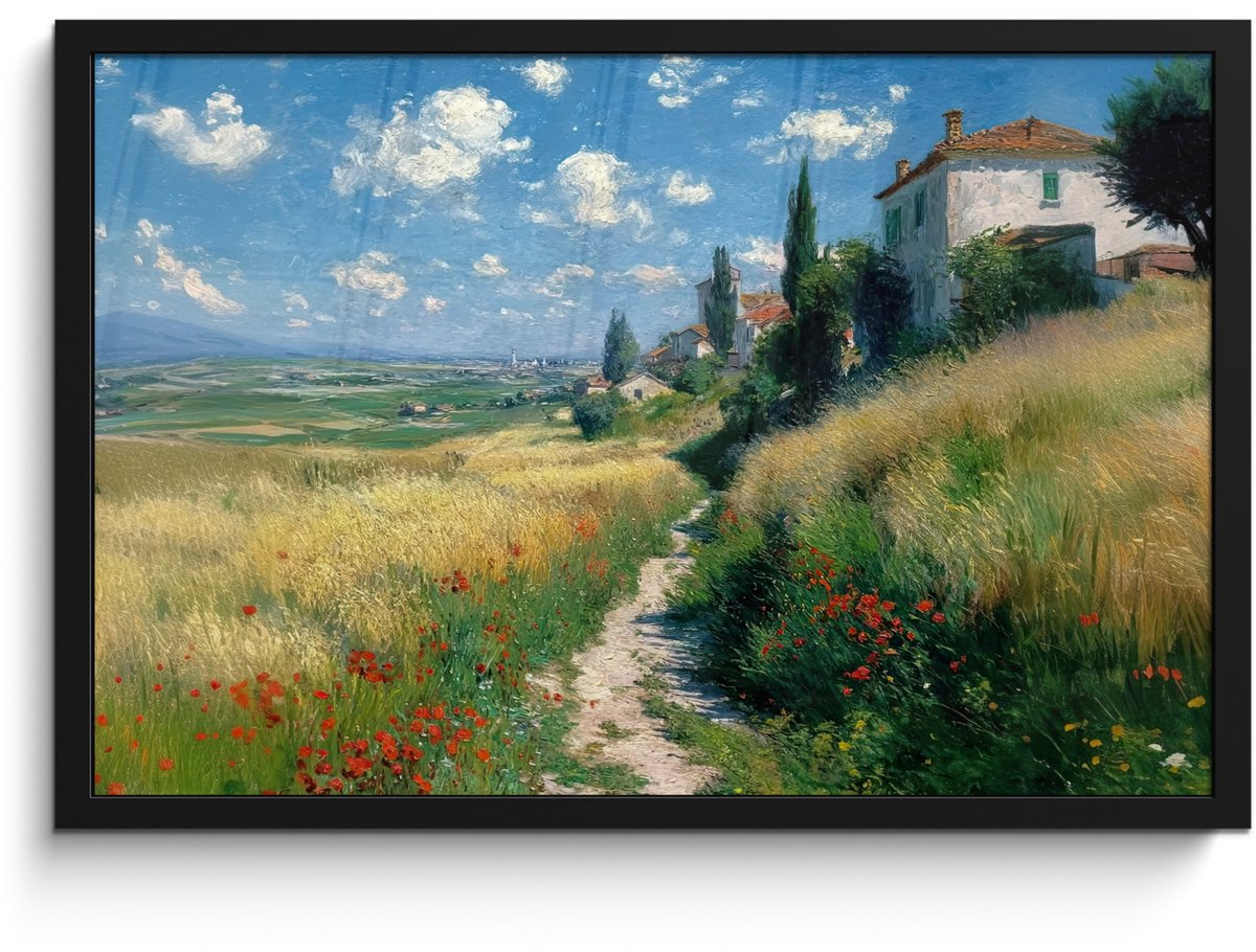 FrameYourWall Poster in lijst - Fotolijst 60x40 cm - Posters - Zandpad - Huis - Bomen - Grasveld - Posterlijst zwart - Decoratie - Wanddecoratie woonkamer - Muurdecoratie slaapkamer