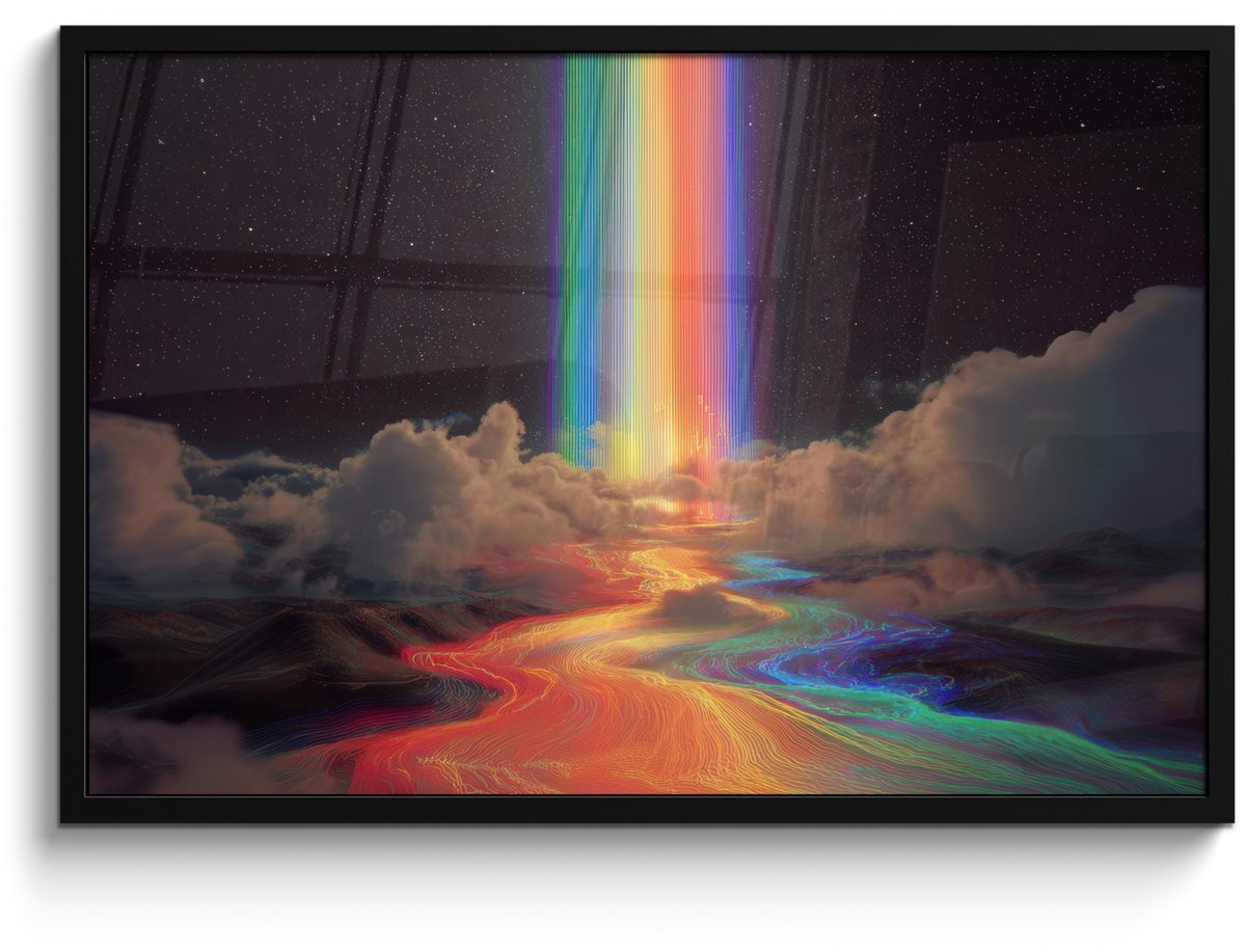 FrameYourWall Poster in lijst - Fotolijst 90x60 cm - Posters - Regenboog - Verticaal - Sterrenhemel - Wolken - Posterlijst zwart - Decoratie - Wanddecoratie woonkamer - Muurdecoratie slaapkamer Regenboog - Sterrenhemel - Wolken
