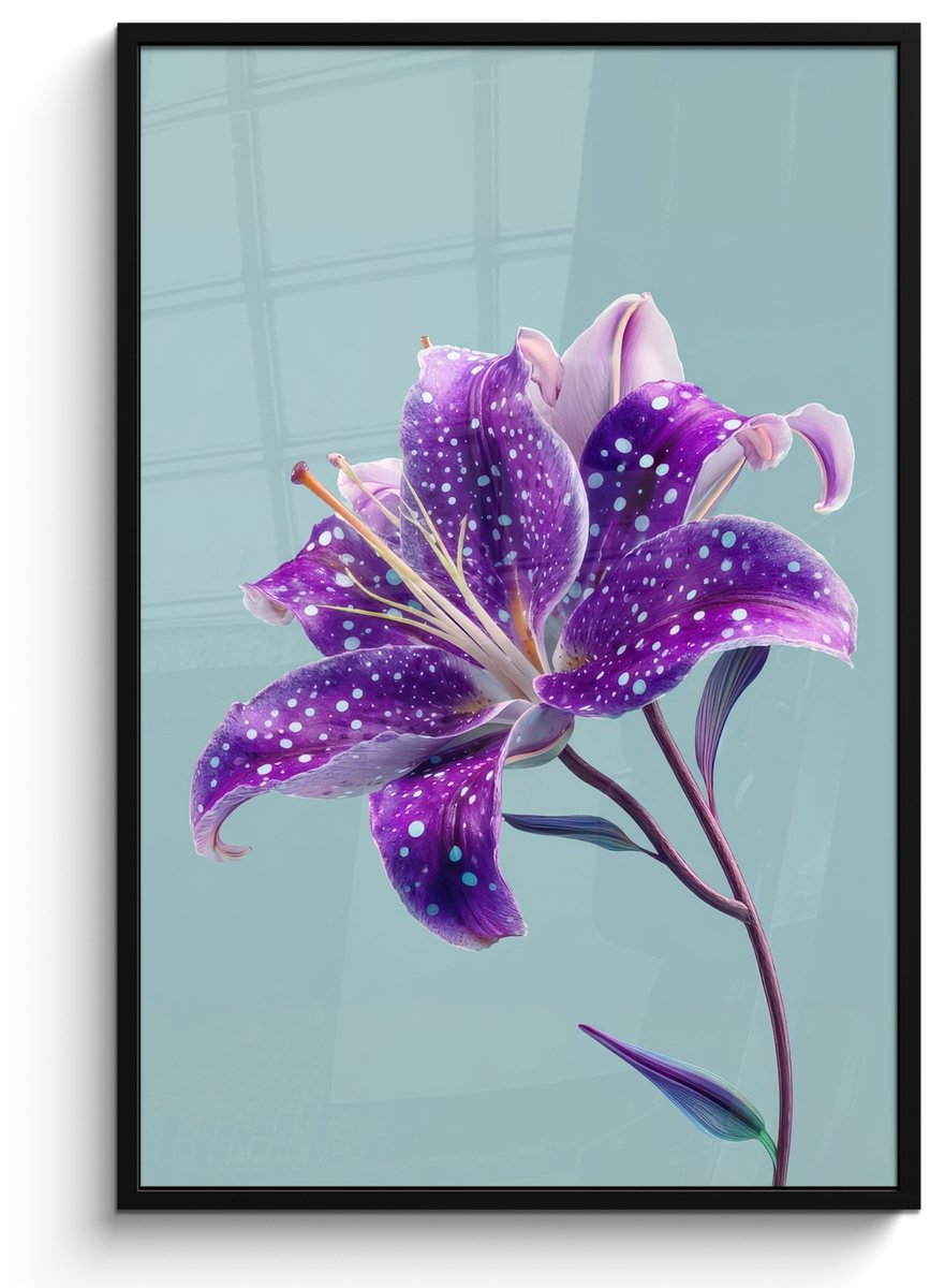 FrameYourWall Poster in lijst - Fotolijst 80x120 cm - Posters - Lelie - Bloem - Paars - Stippen - Posterlijst zwart - Decoratie - Wanddecoratie woonkamer - Muurdecoratie slaapkamer