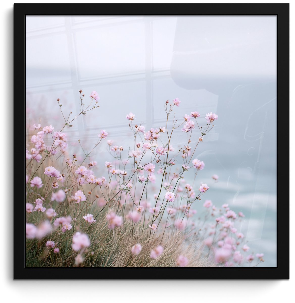 FrameYourWall Poster in lijst - Fotolijst 40x40 cm - Posters - Klif - Bloemen - Zee - Roze - Posterlijst zwart - Decoratie - Wanddecoratie woonkamer - Muurdecoratie slaapkamer