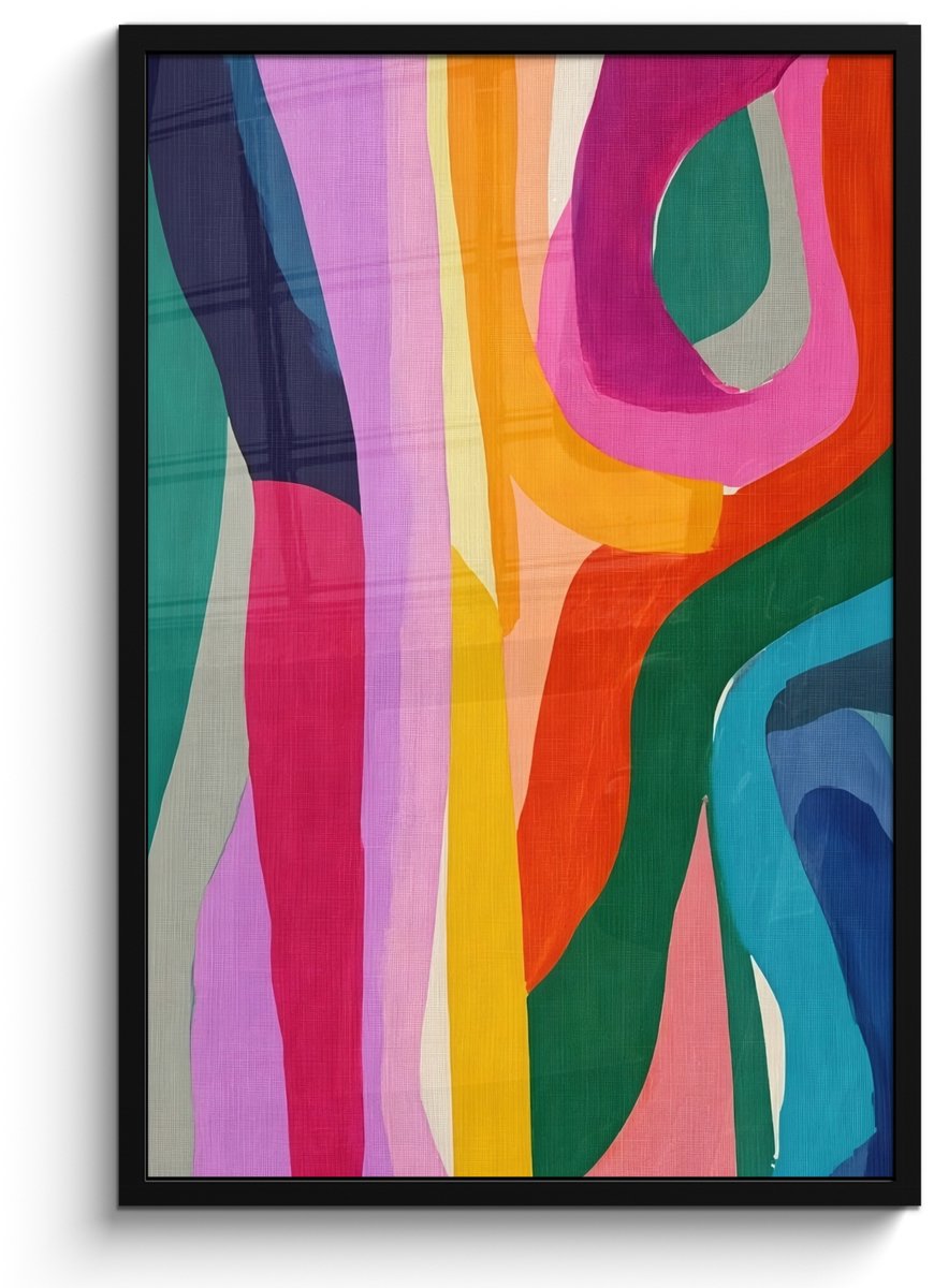 FrameYourWall Poster in lijst - Fotolijst 60x90 cm - Posters - Abstract - Kleurrijk - Golven - Lijnen - Posterlijst zwart - Decoratie - Wanddecoratie woonkamer - Muurdecoratie slaapkamer