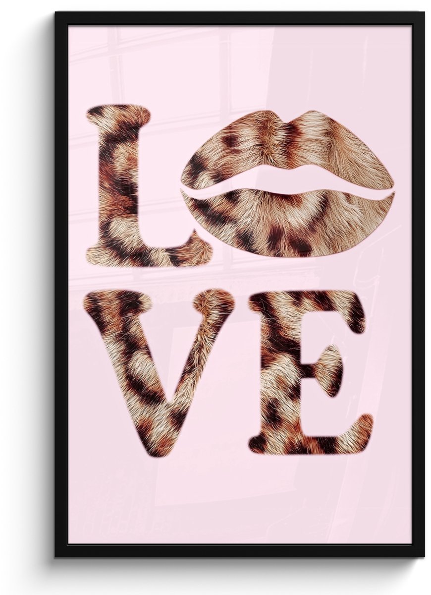 FrameYourWall Poster in lijst - Fotolijst 60x90 cm - Posters - Tekst - Love - Pantervacht - Lichtroze - Posterlijst zwart - Decoratie - Wanddecoratie woonkamer - Muurdecoratie slaapkamer