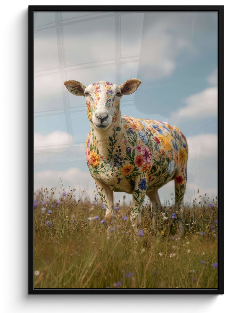 FrameYourWall Poster in lijst - Fotolijst 80x120 cm - Posters - Schaap - Bloemen - Weide - Posterlijst zwart - Decoratie - Wanddecoratie woonkamer - Muurdecoratie slaapkamer