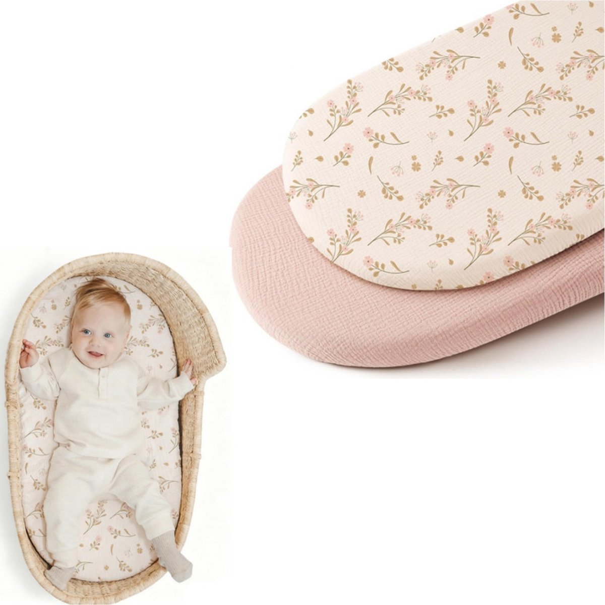 Image of 2 stuks - Wieglakentje - Hoeslaken van mousseline wieg - Hoeslaken voor kinderwagen - Zacht en ademend - Afneembaar en wasbaar - roze - 81*43cm - Geschikt voor ovale en rechthoekige wiegjes