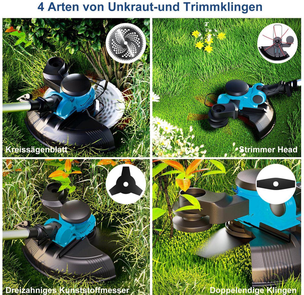 1000W Accu Grastrimmer - 4-in-1 Kantenmaaier – 26cm Snijdiameter – Bosmaaier – Grasmaaier – Draadloos & Elektrisch - Borstelloze Motor – Trimmer met 2x 4000mAh Accu en Lader – Uittrekbare Handgreep, Kantelbare Kop – Voor Gazon/Tuinklussen – foto 7
