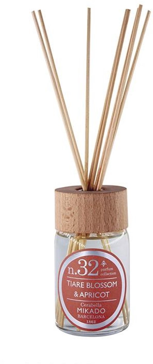 Cerabella Geurstokjes Diffuser N.32 – Tiare Blossom & Apricot – 100 ml – Inclusief 8 rietstengels en houten deksel