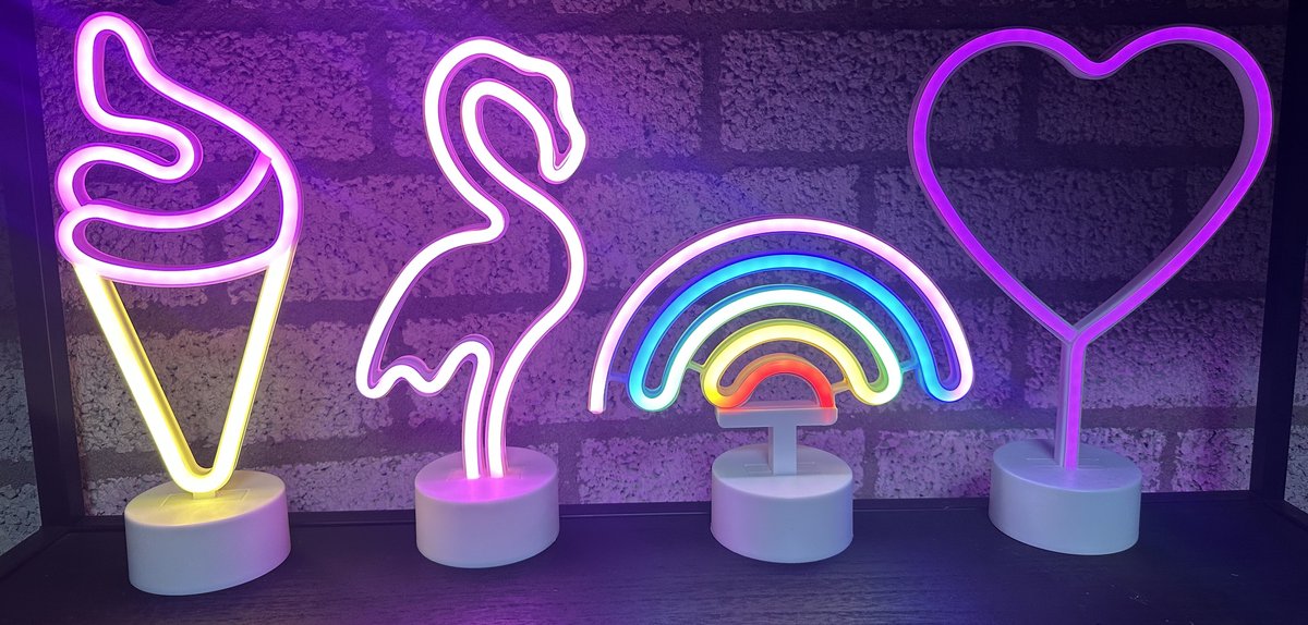 LED lampen met neonlicht - Set van 4 stuks - IJsje/Flamingo/Regenboog/Hart - roze/multicolour/roze+oranje/blauw neon licht - Werken op batterijen en/of USB - Tafellamp - Nachtlamp - Decoratieve verlichting - Woonaccessoires