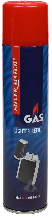 Rex Universeel aanstekergas, 300 ml, in een zilverkleurige bus met rode dop. Tekst "SILVER MATCH GAS LIGHTER REFILL" en "NEAR ZERO IMPURITIES".