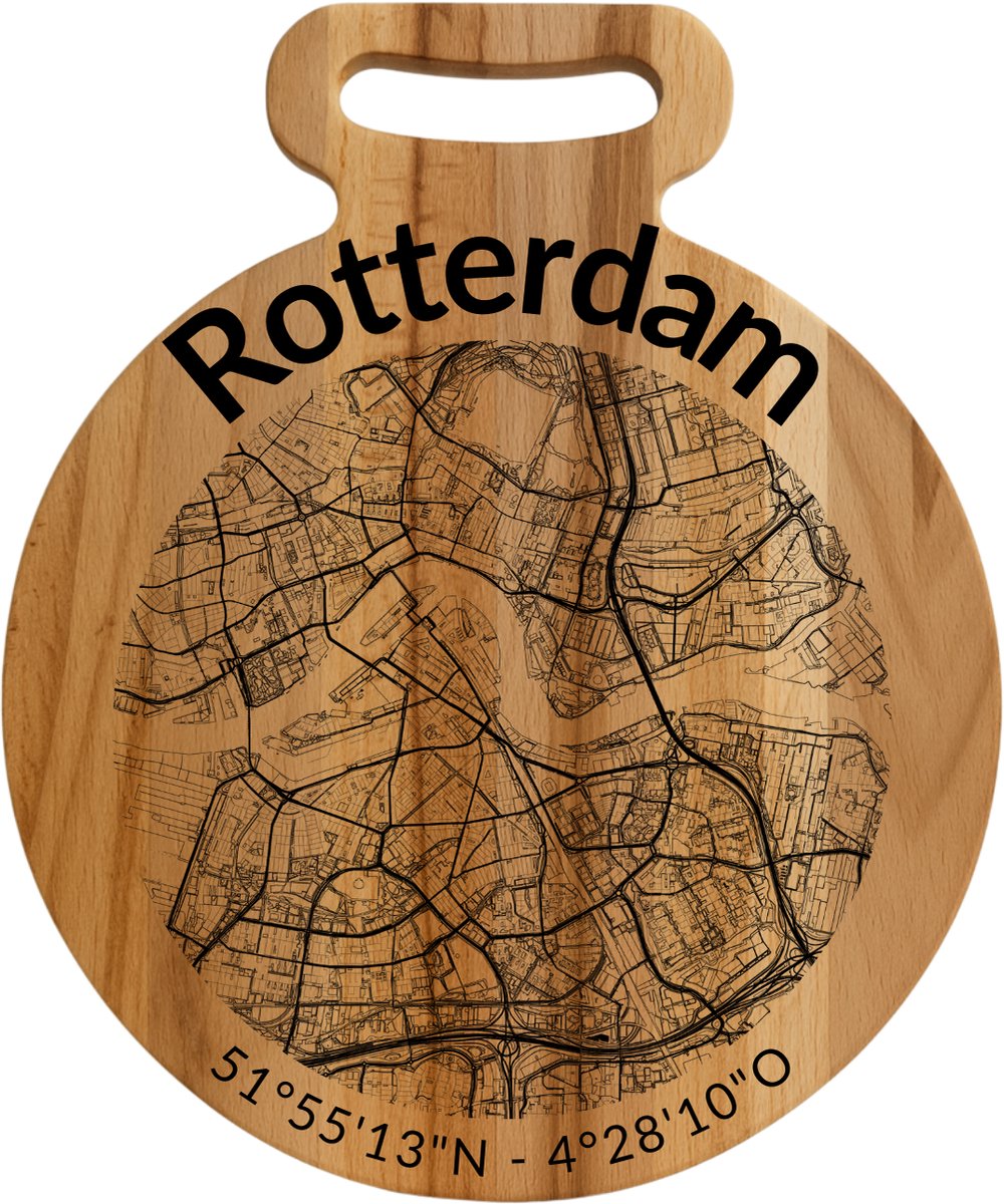 OakMan Objects - Houten Borrelplank - Rotterdam Rond - Tapasplank of Serveerplank - Duurzaam Beukenhout - Gegraveerd - 25x20x2 cm