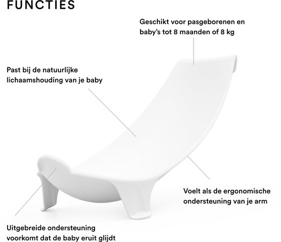 Witte Stokke Flexi Bath newborn support: ergonomisch, voorkomt uitglijden, past natuurlijke houding baby.