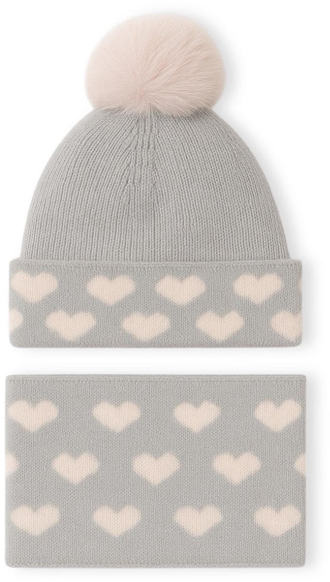 Ultiluxe® Winterset voor kinderen met hartjes print - Grijs/roze - 1 tot 3 jaar - 2-delige set voor meisjes - Muts met pom pom en ronde sjaal - Gevoerd met zachte fleece stof - Warm winter setje voor meisjes - Pastel - Beanie - 2 stuks