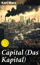 Boek "Capital (Das Kapital)" met een illustration van een industriële stad met veel rook uit schoorstenen.