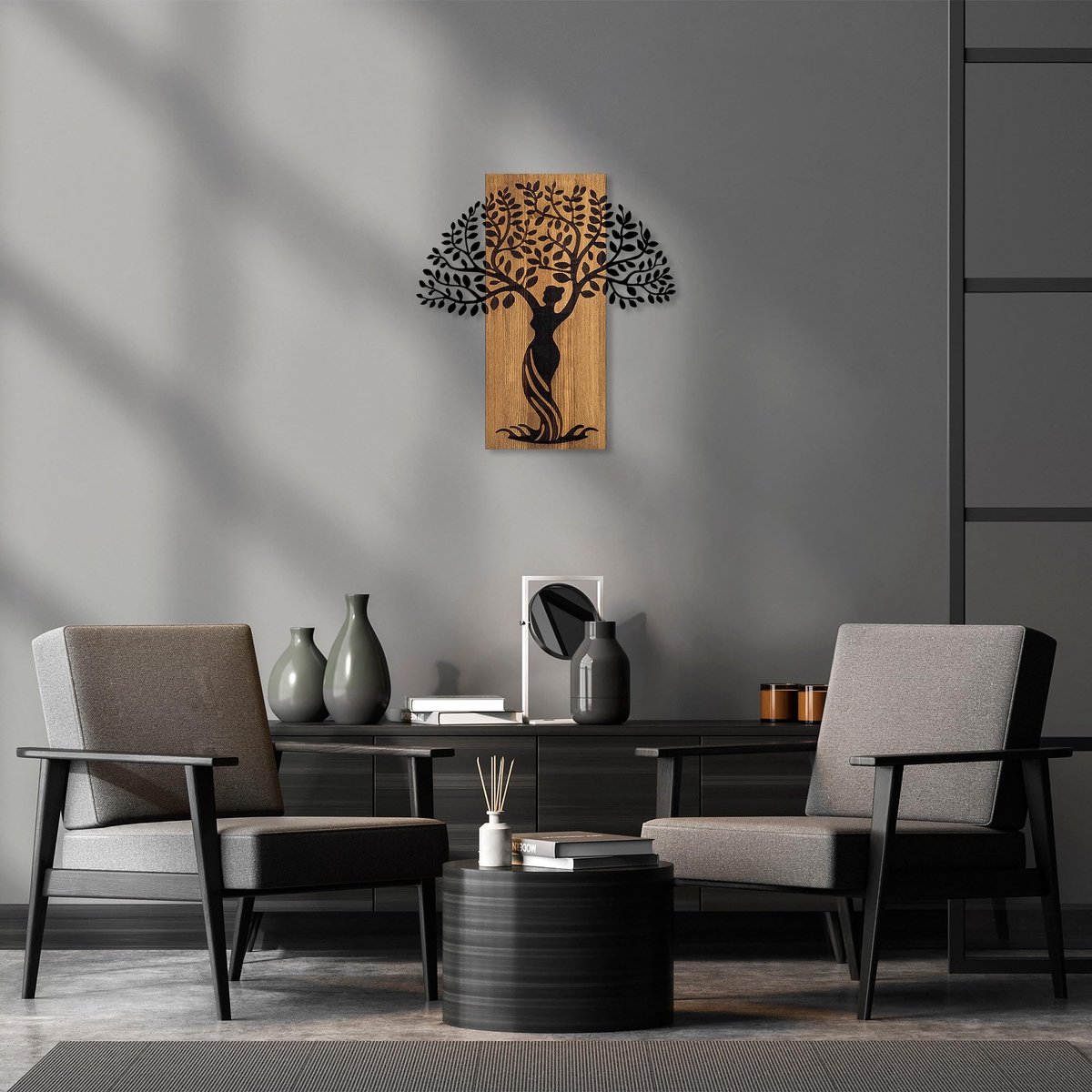 Azomor® Unieke houten en metalen wanddecoratie in walnoot zwart afwerking