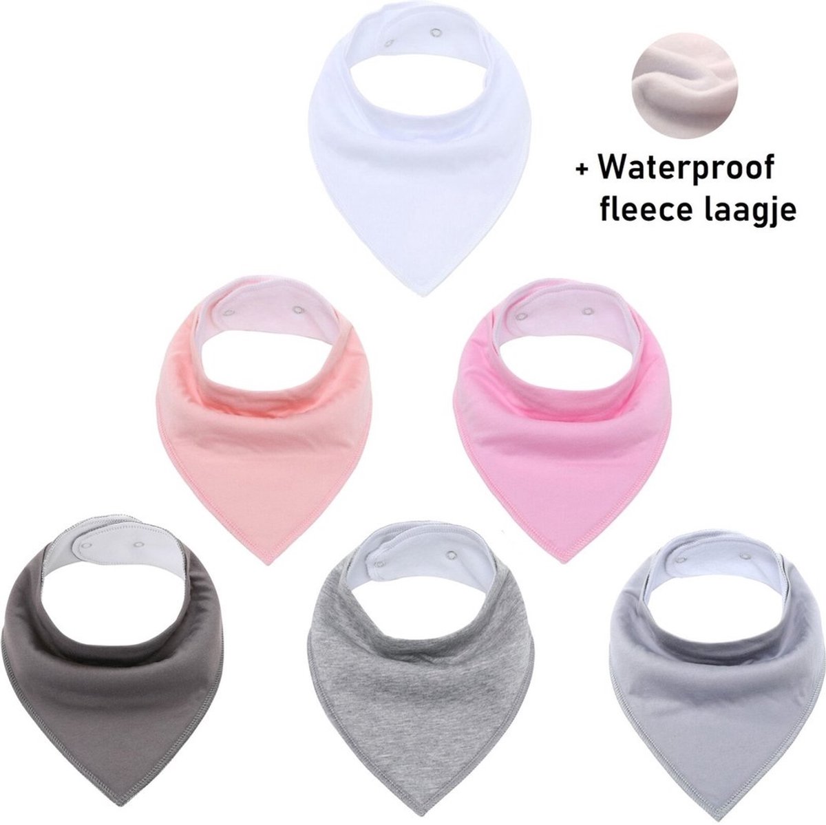 Image of 6 Stuks - Bandana Slabbetjes met Fleece Laagje - Roze Grijs Effen - Waterproof