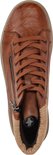 Bovenaanzicht van een cognac leren veterboot met rits, veters en beige gebreide kraag.