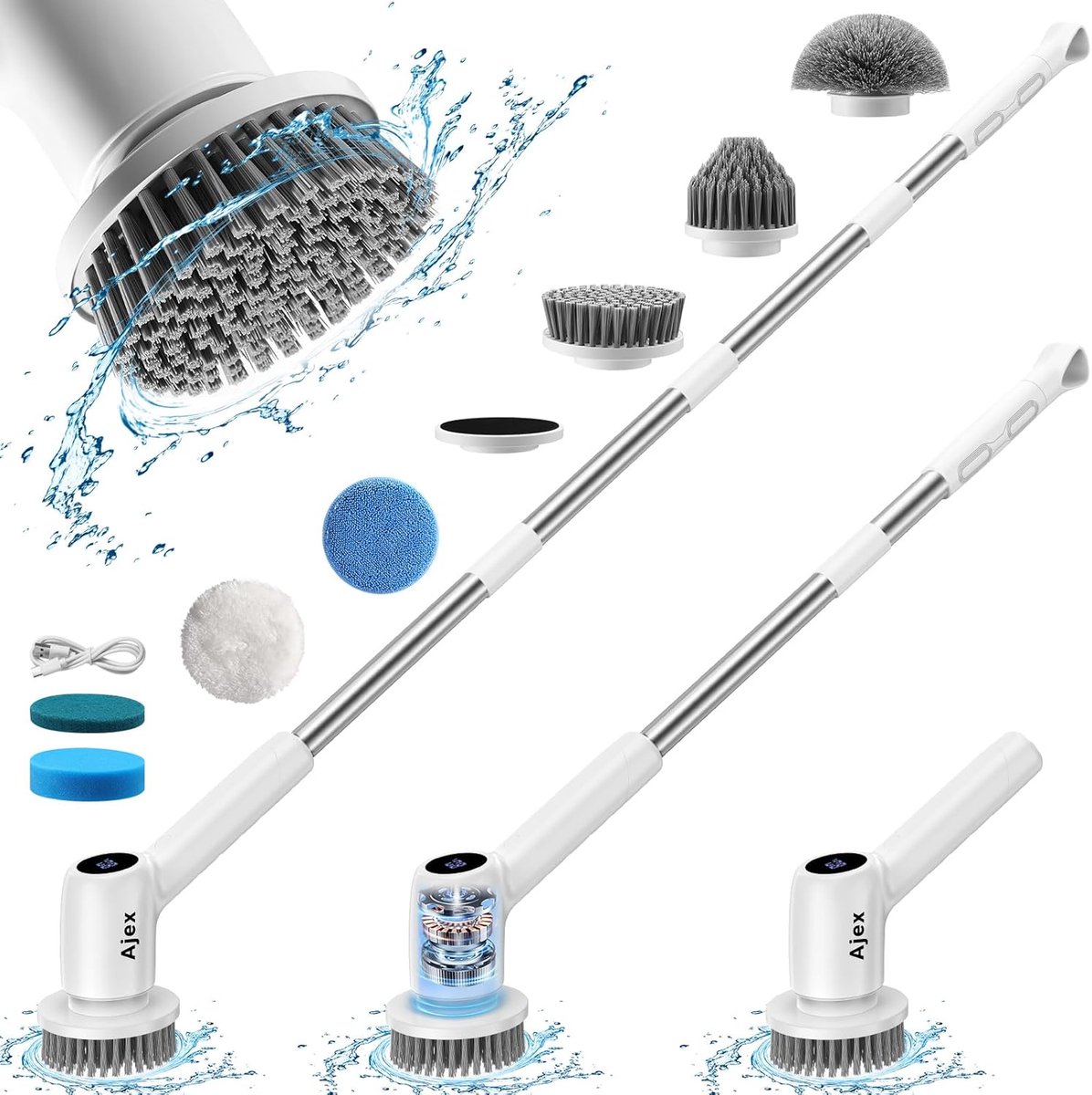 Draadloze elektrische spinschrobber met uitschuifbare handgreep en IPX7 waterdicht