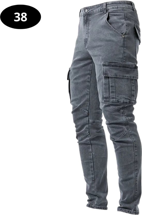 Grijze slim-fit cargobroek, maat 38, zijaanzicht.