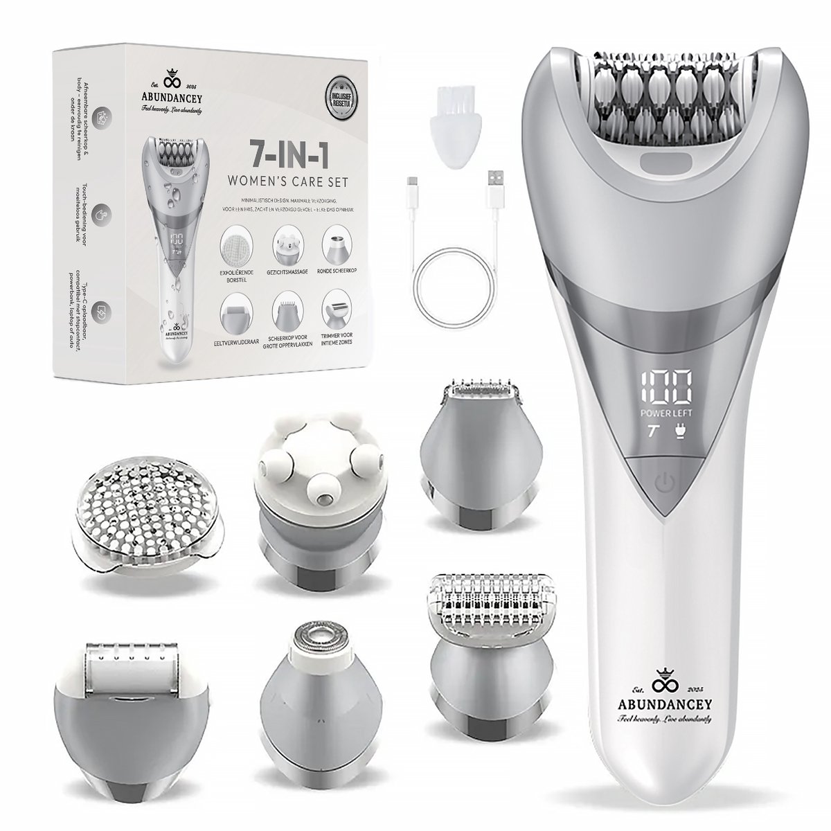 Ladyshave Dames 7-in-1 – Epilator, Epileerapparaat & Bikinitrimmer – Scheerapparaat Vrouw voor Gezicht, Benen & Oksels – Oplaadbaar & Waterdicht – ABUNDANCEY