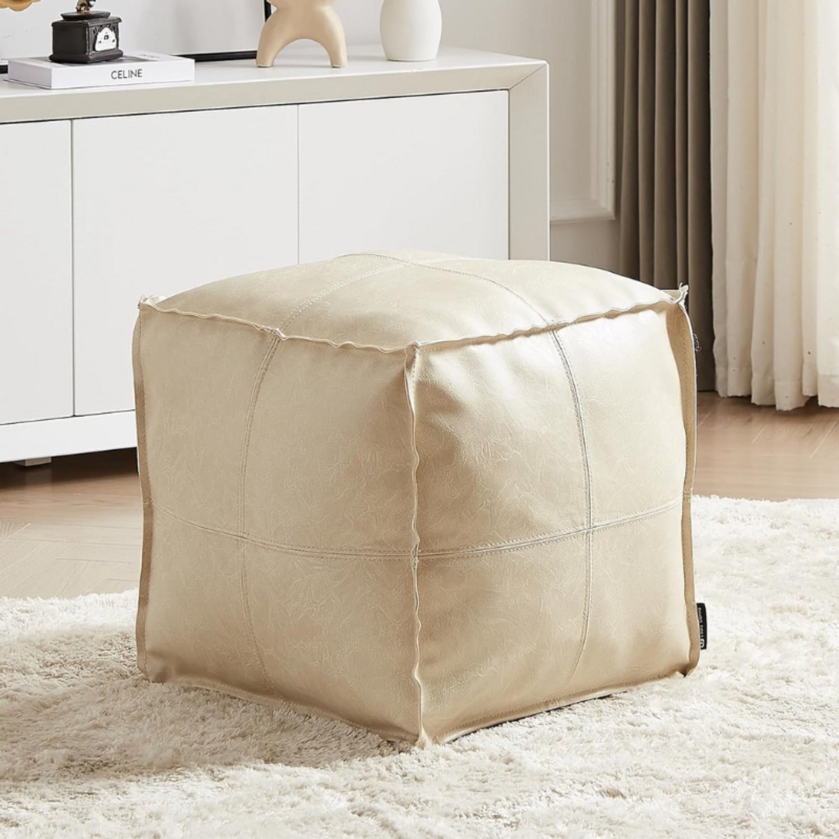 Ottomaanse Poef Hoes – Handgemaakt – Outdoor Poef – Faux PU Leer – Marokkaans Design – Ongevuld – Vierkant 45 cm – Beige – Voor Woonkamer – Balkon – Kantoor – Buiten – Ideaal Cadeau