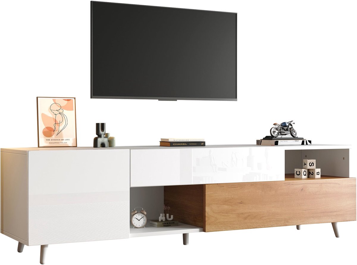 Merax TV-Meubel 180x38x50 Cm - Hoogglans TV-Kast Met Lade En Deur - TV-Dressoir Met 7 Opbergvakken En Houten Poten - Geschikt Voor TV Tot 75 Inch - Wit Met Houtkleur
