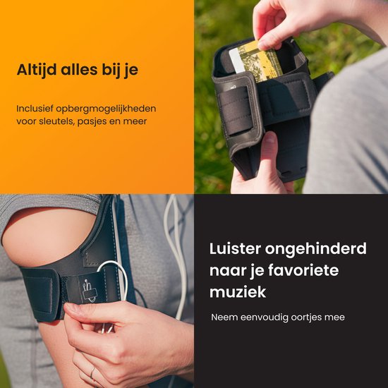 Zwarte sportarmband met vakje voor sleutels en pasjes, en aansluiting voor oortjes.