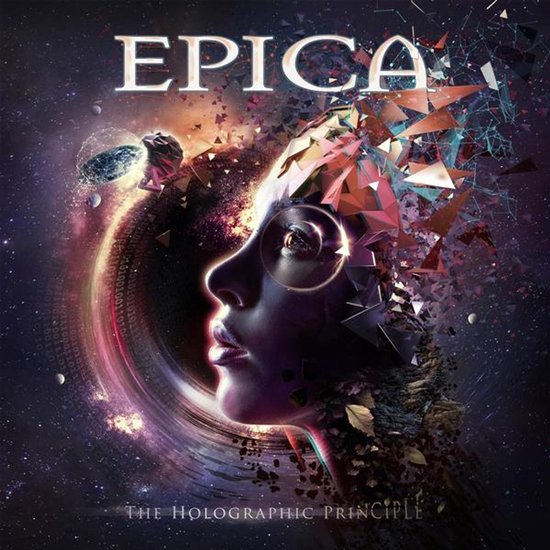 Epica's The Holographic Principle album cover: woman's profile dissolving into geometric shapes and cosmic elements.