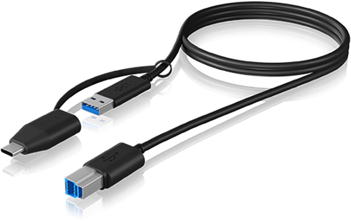 ICY BOX USB-kabel USB 3.2 Gen1 (USB 3.0 / USB 3.1 Gen1) USB-C stekker, USB-A stekker, USB-B stekker 1.00 m Zwart 60858