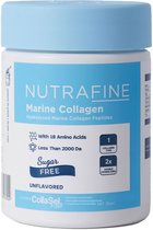 Pot Nutrafine Marine Collagen: gehydrolyseerde viscollageenpeptiden, minder dan 2000 Dalton, 18 aminozuren, suikervrij, UNFLAVORED.