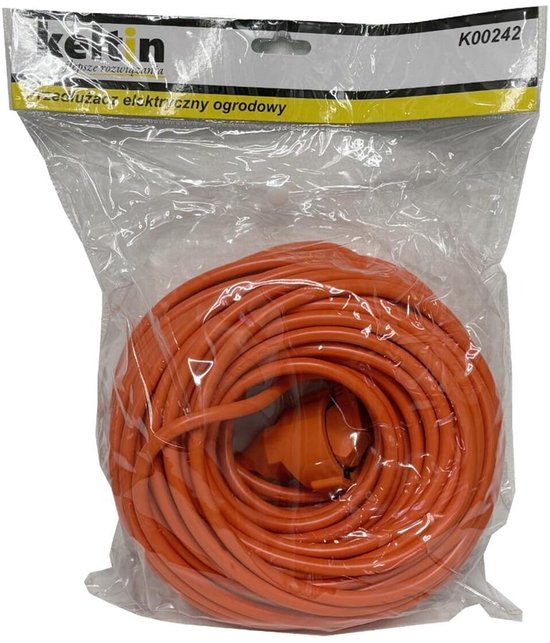 Een verpakking met een opgerold oranje Keltin verlengsnoer van 30 meter.