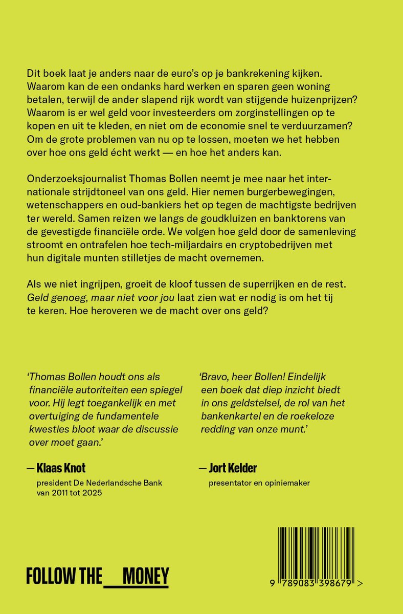 Achterkant van een boek met tekst over geld en economie, citaten van Thomas Bollen, Klaas Knot en Jort Kelder.