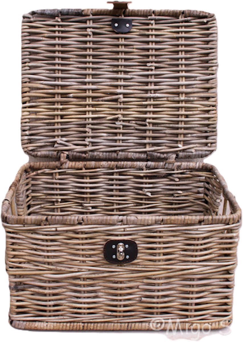 MigoStyling - (Kinder) fietsmand - Met deksel - Leren riempje - Opbergmand - 40x30xH23cm - Riet - Rotan
