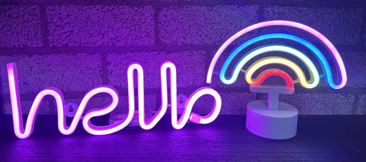 LED hello en regenboog met neonlicht - Set van 2 stuks - roze en multicolour neon licht - hoogte 13 x 35 x 2 cm / 20 x 22.5 x 8.5 cm - Werkt op batterijen en USB - Wandlamp + Tafellamp - Nachtlamp - Decoratieve verlichting - Woonaccessoires