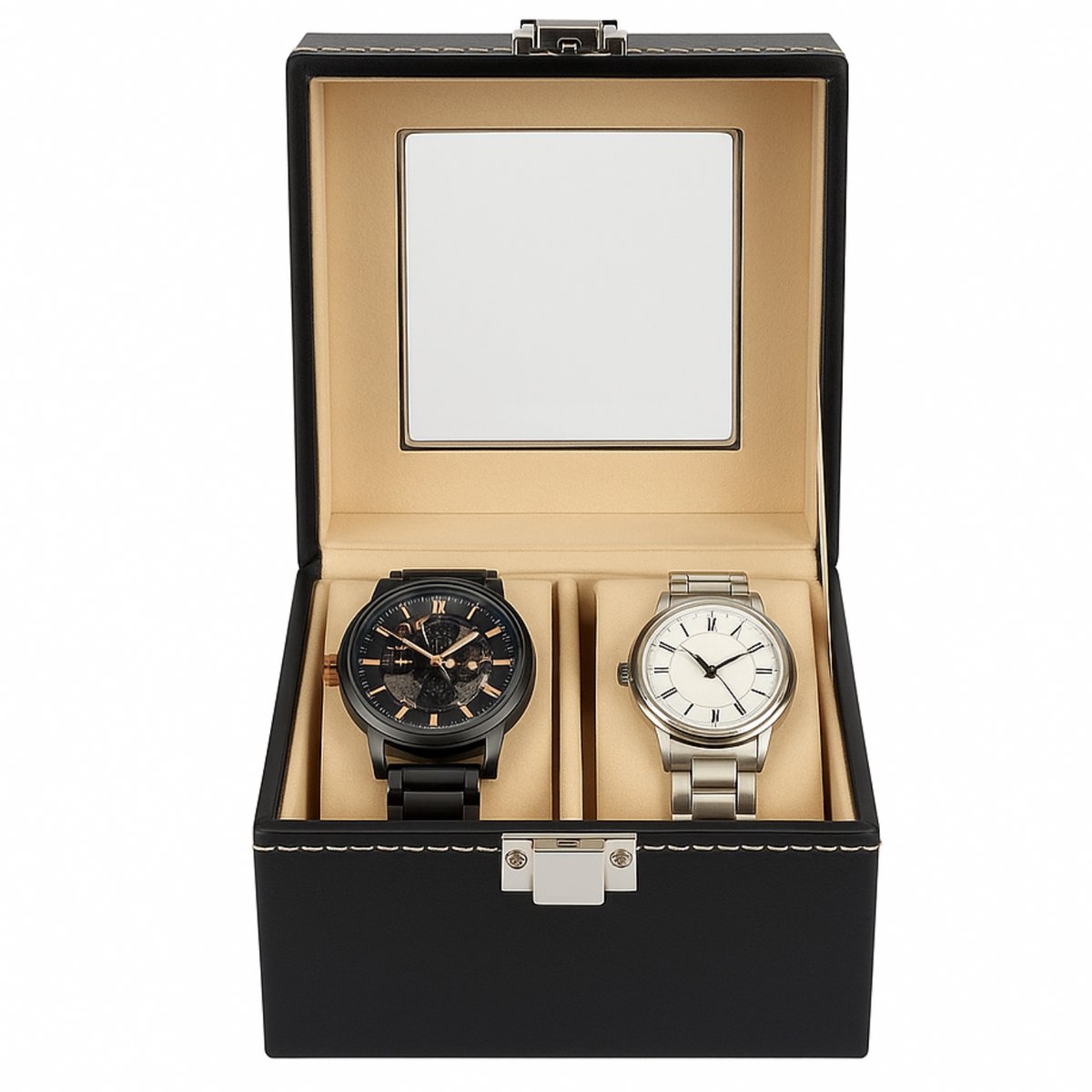 Lomera Horlogebox voor 2 Horloges - Horlogekistje Zwart - PU Kunstleer Horlogedoos - Horlogedoos met Venster - Horlogekist met Clipsluiting - Compacte Horlogebox - Horlogedoos met 2 Vakken