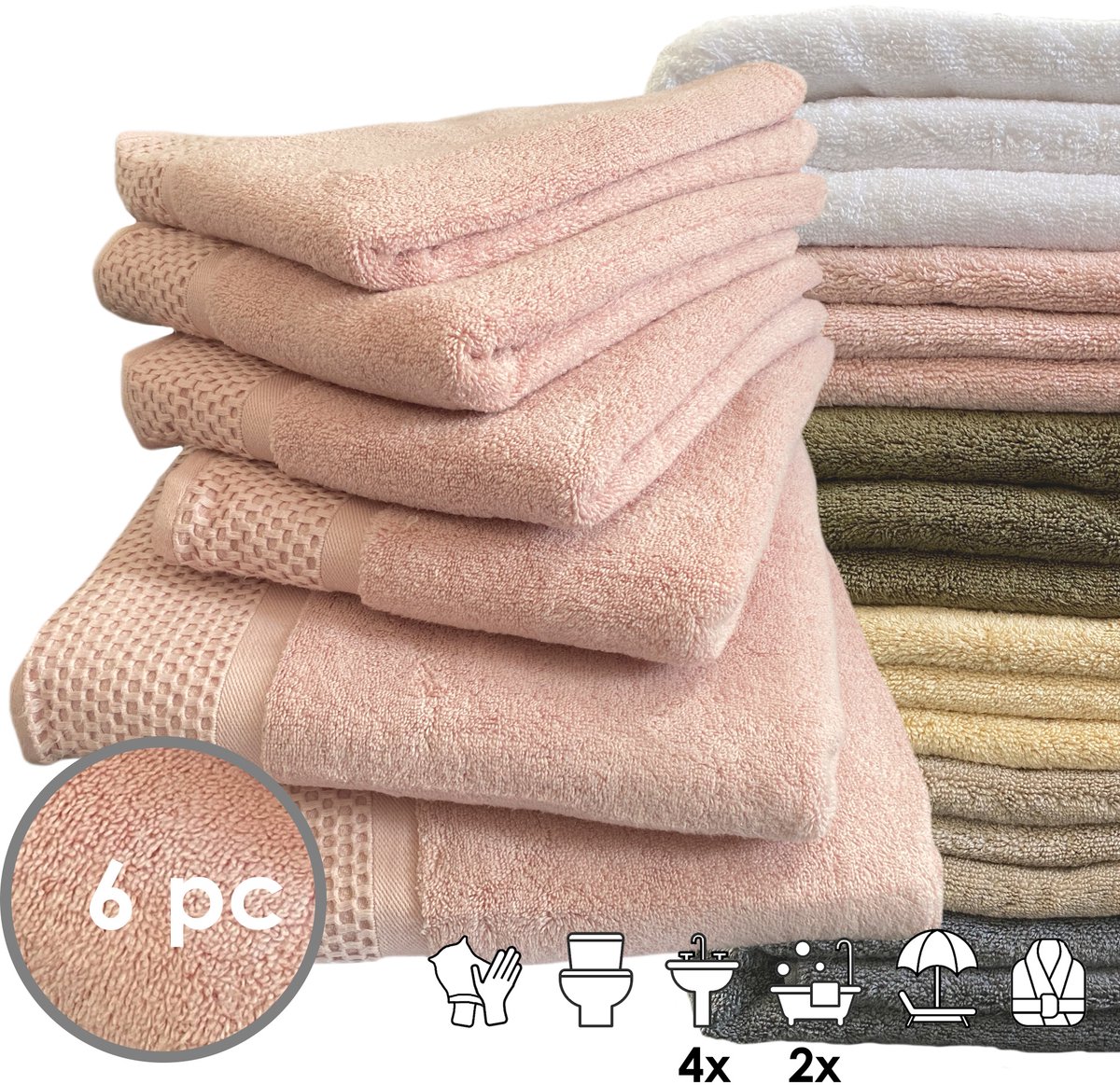 iSleep Deluxe Badtextiel - Voordeelset (6 delig) - 4x Handdoek 60x110 cm - 2x Badlaken 70x