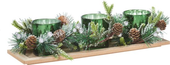 Kerststukje theelichthouder - groen -38 x 12 x 1.5 cm- tafel ornament - kerst tafeldecoratie - kerstversiering
