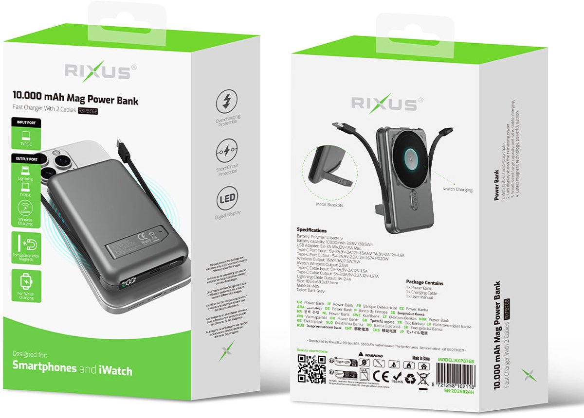 Rixus RXPB76B MagSafe Powerbank 10000mAh With Built-in Cable Gray