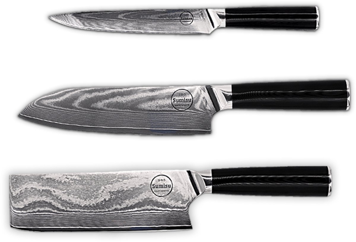 Sumisu Knives - Japanse messenset 3-delig - Black collection - 100% damascus staal - Hobbykok messenset - Geleverd in luxe geschenkdoos - BBQ messen