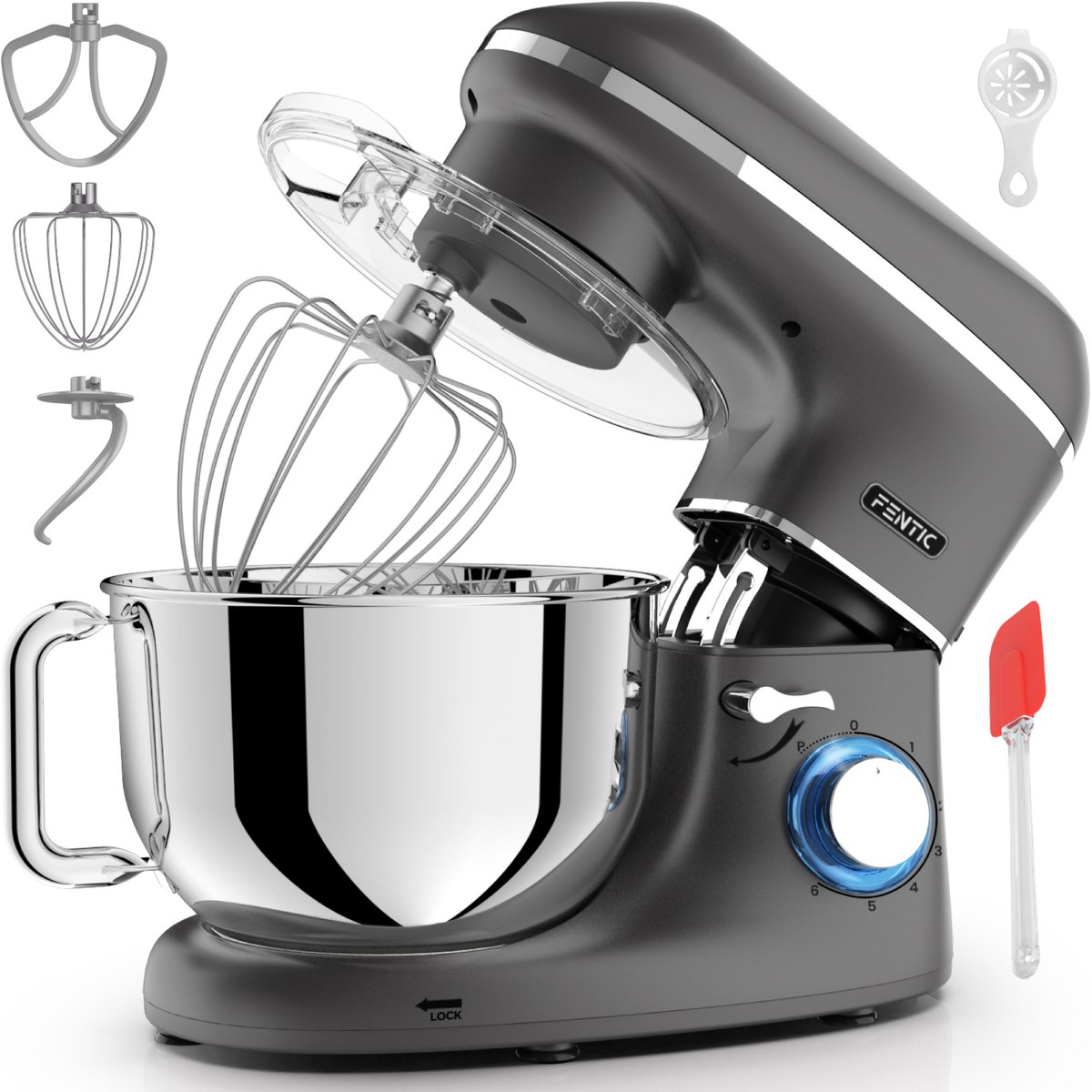 Fentic Keukenmachine – 1500W – RVS Mengkom (62 L) – Keukenrobot – Mixer met Garde Deeghaak en Menghaak – Incl. Beschermhoes en extra Accessoires – Antraciet