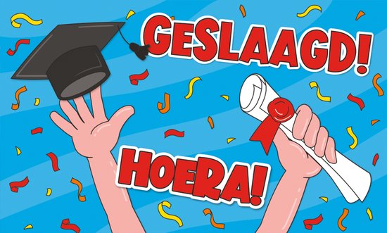 Een cartoonafbeelding met een zwarte afstudeerhoed en een diploma, met de tekst 'GESLAAGD! HOERA!' en confetti.
