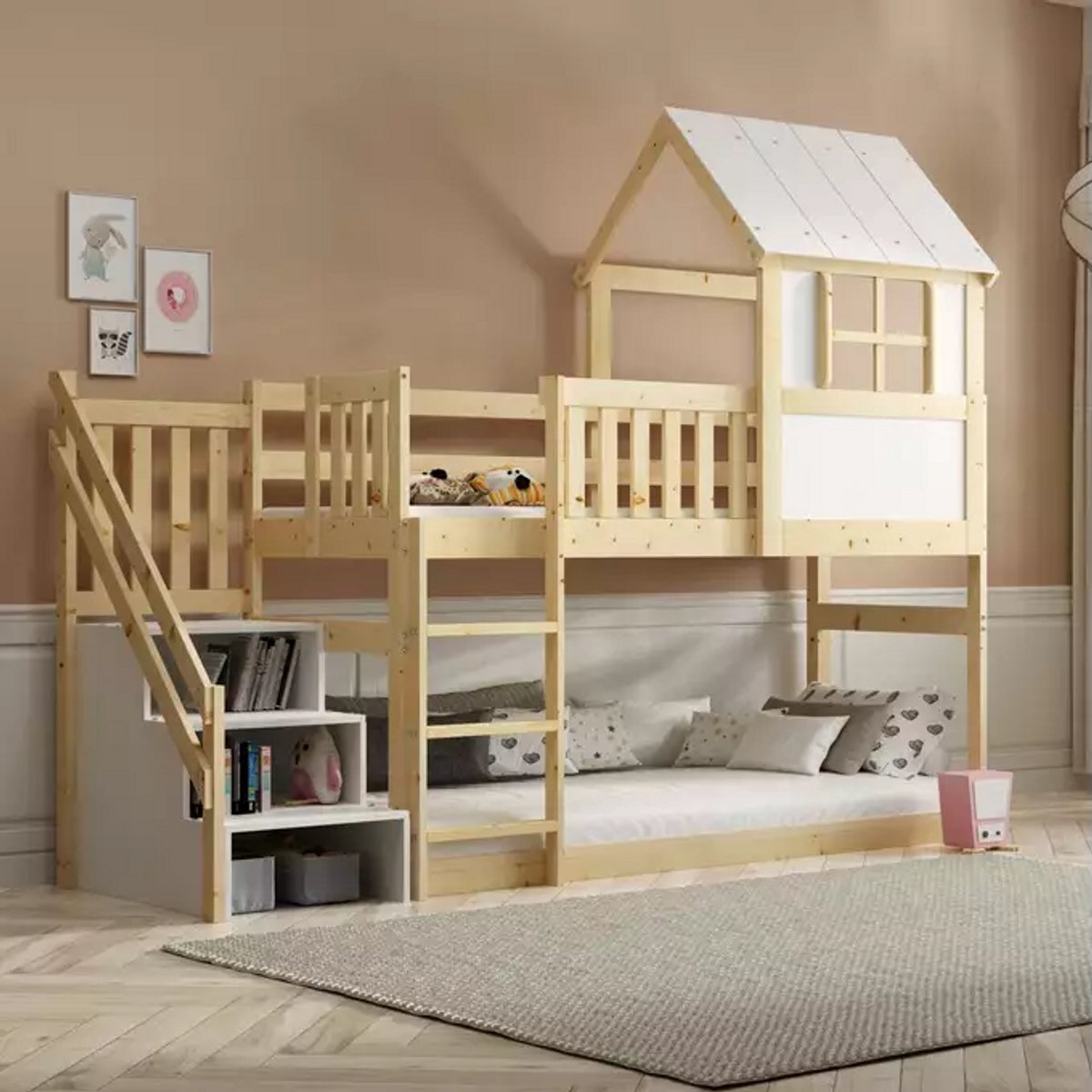 BMS - Bunk Bed - Mezzanine van Natuurhout 90x200 met Trap en Dak