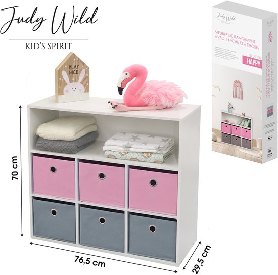 Judy Wild "Happy" opbergmeubel met 1 open vak en 6 lades in roze en grijs. Afmetingen: 76,5x29,5x70cm.