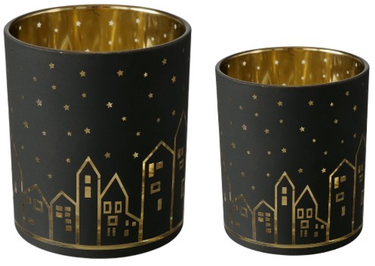 Boltze – Waxinehouder – Set van 2 – Huisjes – Zwart en Goud – 8 en 10 cm hoog – Waxinelichtjes
