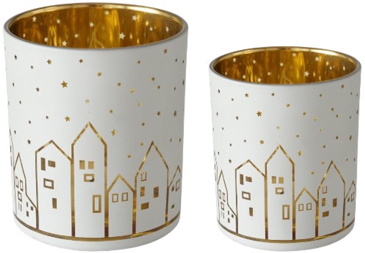 Boltze – Waxinehouder – Set van 2 – Huisjes – Goud en Wit – 8 en 10 cm hoog – Waxinelichtjes